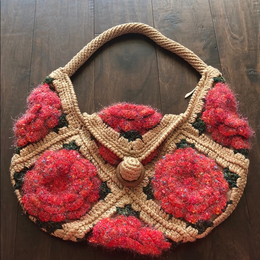 Hand crocheted red flower shoulder bag
